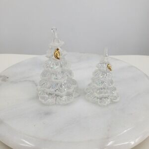 Vintage Fenton Set of 2 Iridescent Glass Christmas Trees Bird Flock Frosting